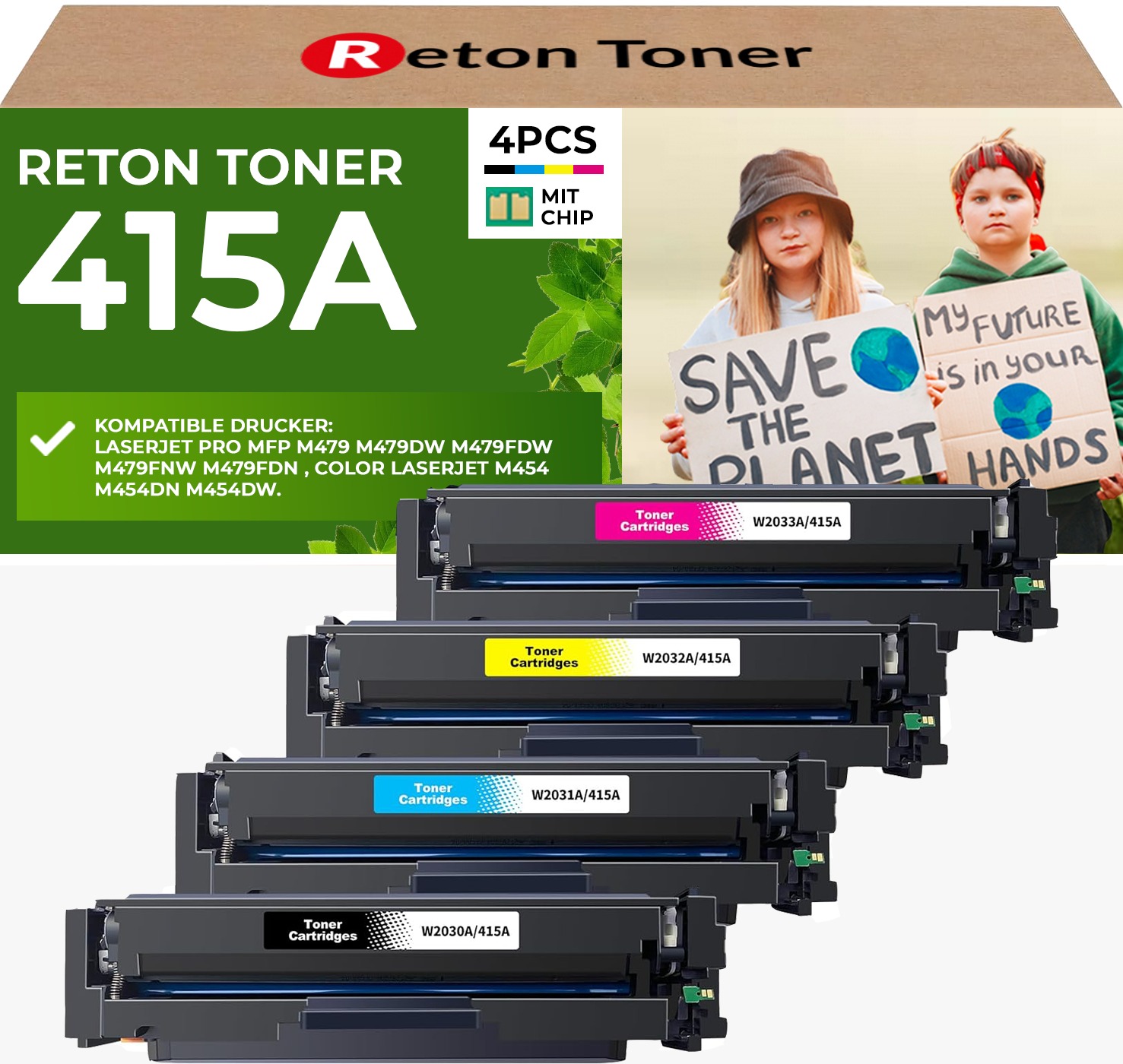 HP 415A Toner Multipack – aufbereitet mit recyceltem Original-Chip, kompatibel mit HP Color LaserJet Pro M454dn und MFP M479fdw